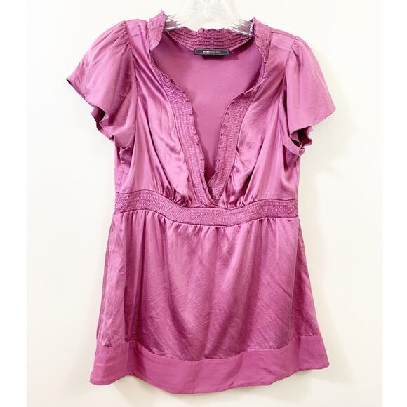 BCBGMaxazria Silk V-Neck Flutter Sleeve Short Sleeve Purple Plum Blouse - Picture 1 of 5